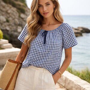 Jane & Delancey Gingham Blouse Top Blue White Coastal Cottage core NWT Sz S